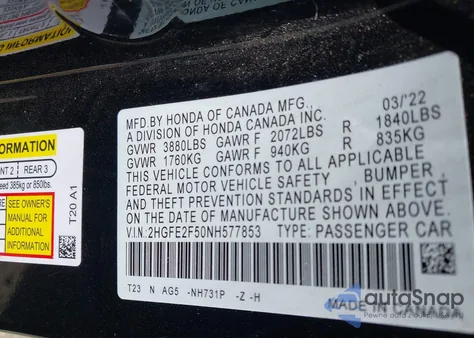 2022 Honda Civic Sport from USA, damaged, VIN 2HGFE2F50NH577853